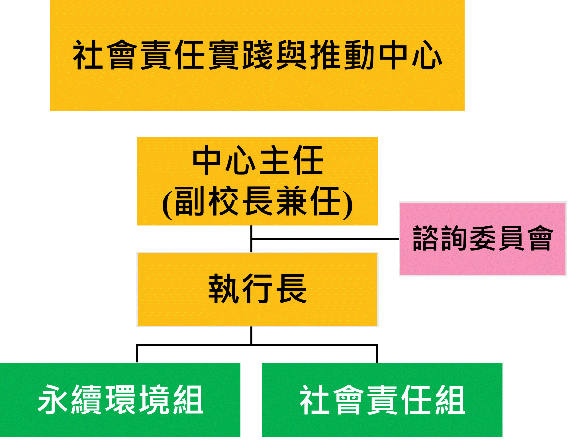 這張圖片是一份組織架構流程圖，標題為「社會責任實踐與推動中心」。最上方為中心主任（由副校長兼任），下方連接執行長。執行長左側為「永續環境組」，右側為「社會責任組」。執行長下方則有「諮詢委員會」。整體結構分明，清楚展現中心主任、執行長、兩個業務組別及諮詢委員會的層級與分工。